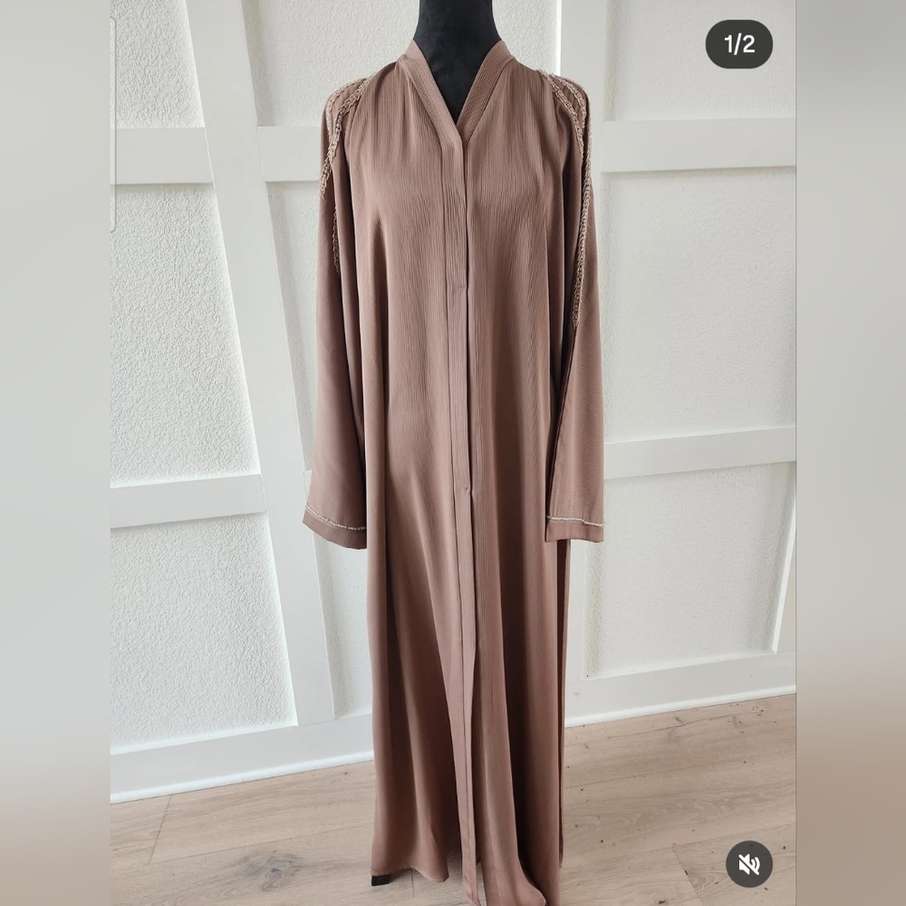 Taupe Abaya with Gold Beaded Accents